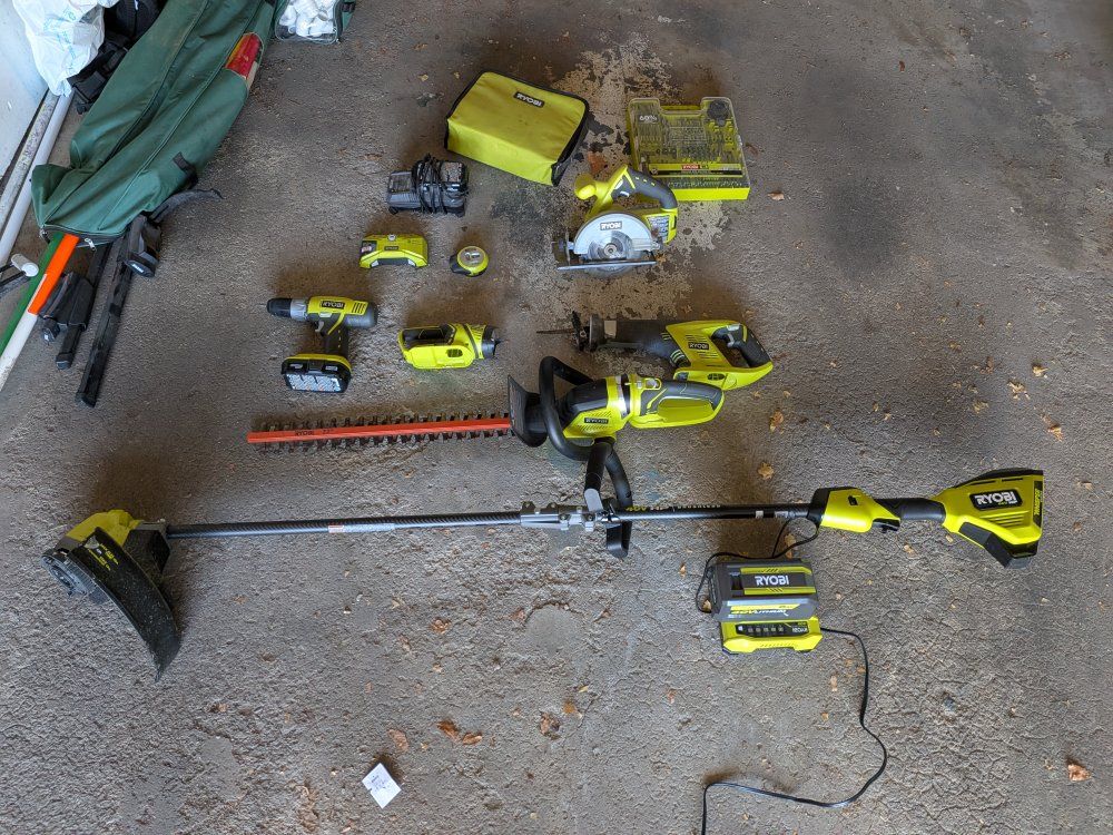 Ryobi ONE+ 18V Cordless Power Tool Bundle - Trimmer, Circular Saw, Jigsaw, Reciprocating Saw, Drill, Stud Finder, Laser Level