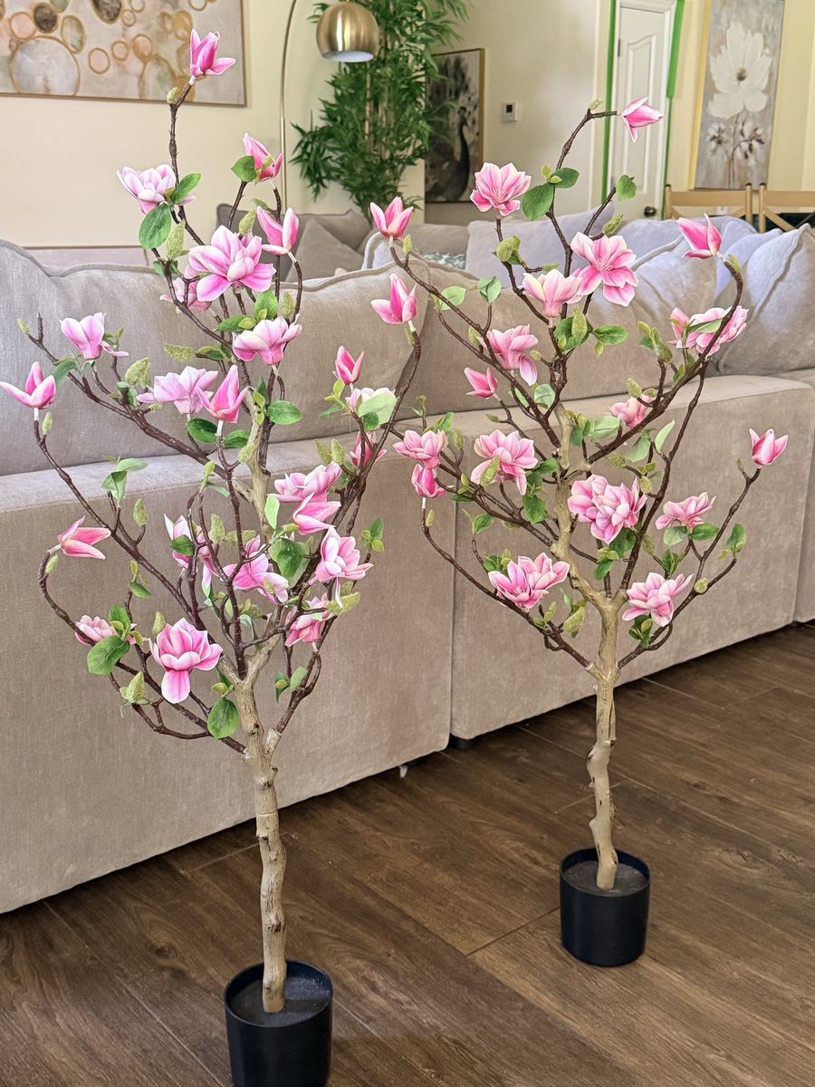 Pair of Pink Faux Magnolia Blossom Potted Trees - Decorative Artificial Plants