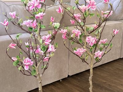 Pair of Pink Faux Magnolia Blossom Potted Trees - Decorative Artificial Plants