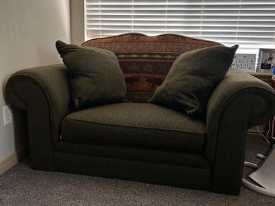 Rustic Moose & Leaf Pattern Green Loveseat - Includes 4 Wooden Feet
