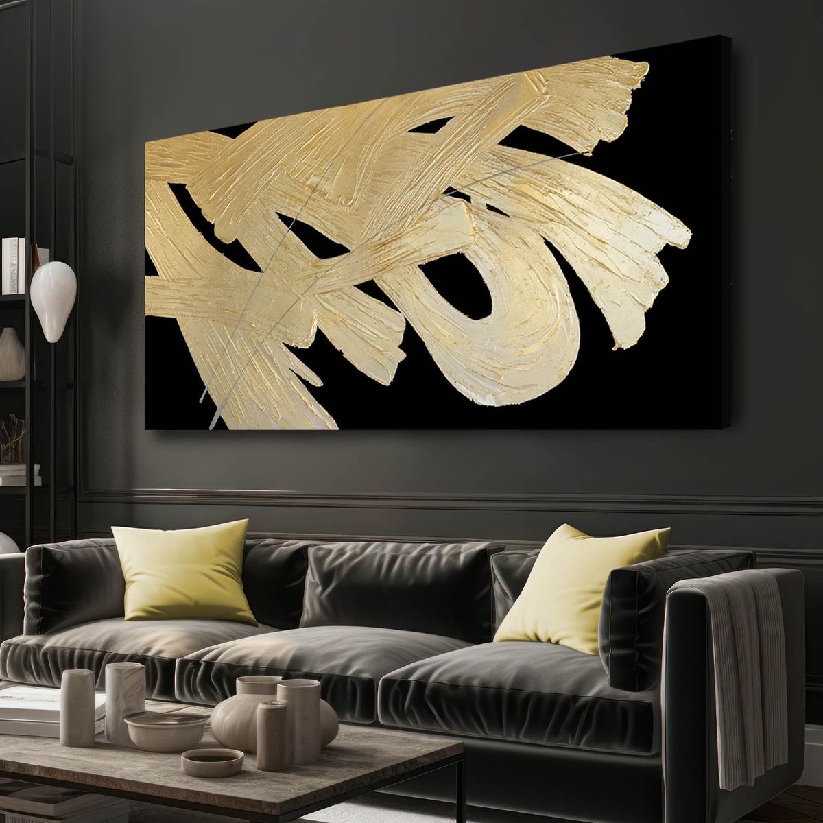 Framed Canvas Prints Gold Abstract Wall Painting on Black Background Graffiti Artwork Black Art for Office Living Room Modern Ha