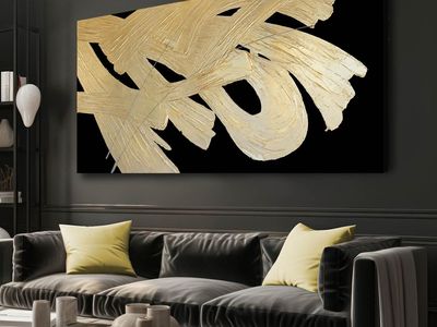 Framed Canvas Prints Gold Abstract Wall Painting on Black Background Graffiti Artwork Black Art for Office Living Room Modern Ha