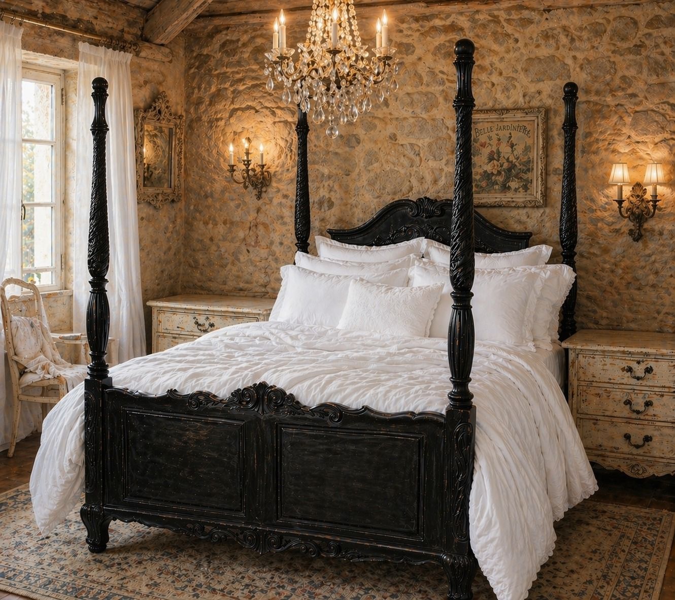Romantic Monet Queen Artisan Black European Cottage  Bed French Dark Academia Cottagecore Farmhouse