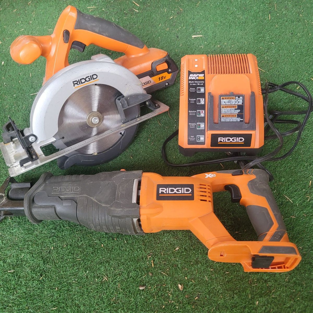 Rigid Sawzall, circular saw and battery charger