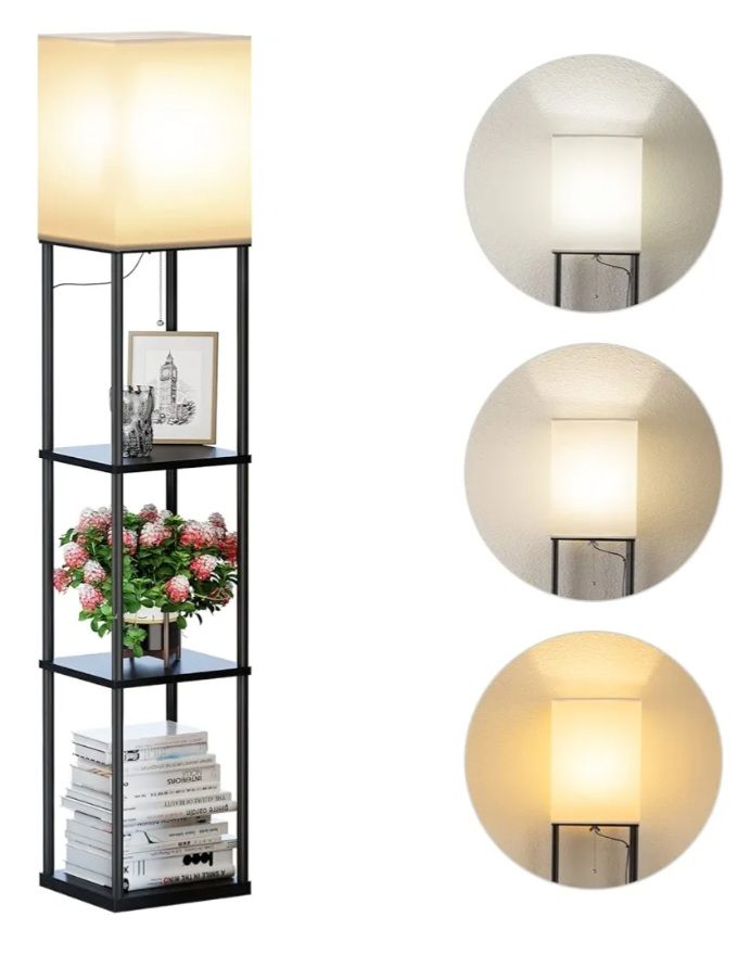 New in box SUNMORY Floor Lamp with Shelves, Modern Square Standing Lamp with 3 Color Temperatures