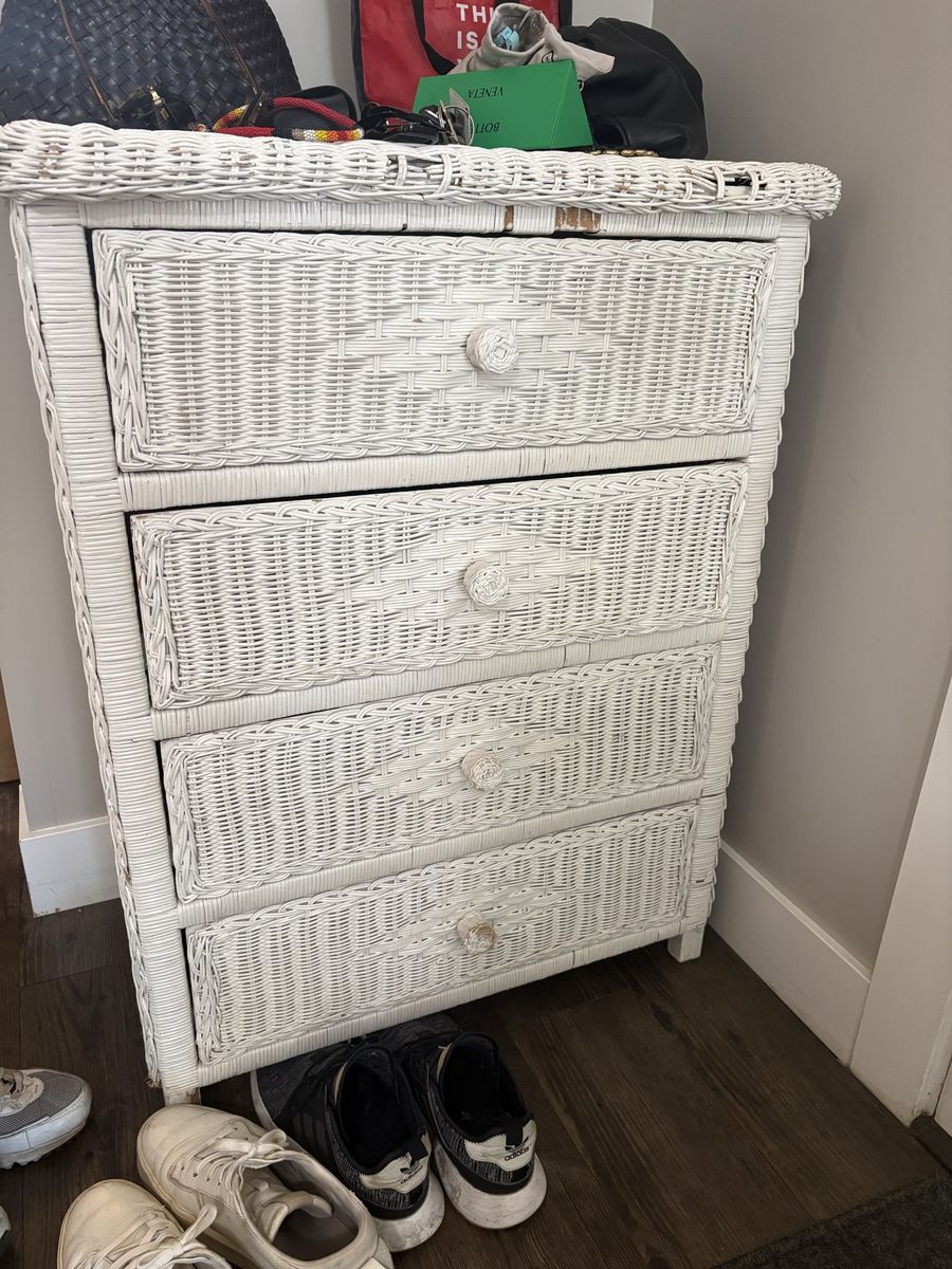 White Wicker 4-Drawer Dresser/Storage Cabinet - Coastal/Boho Style