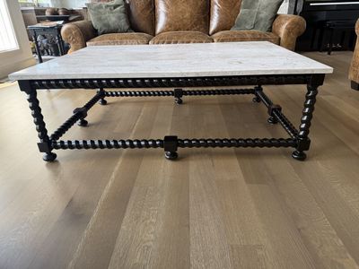 Bernhardt "Cordova" Travertine Coffee Table - Ebonized Base