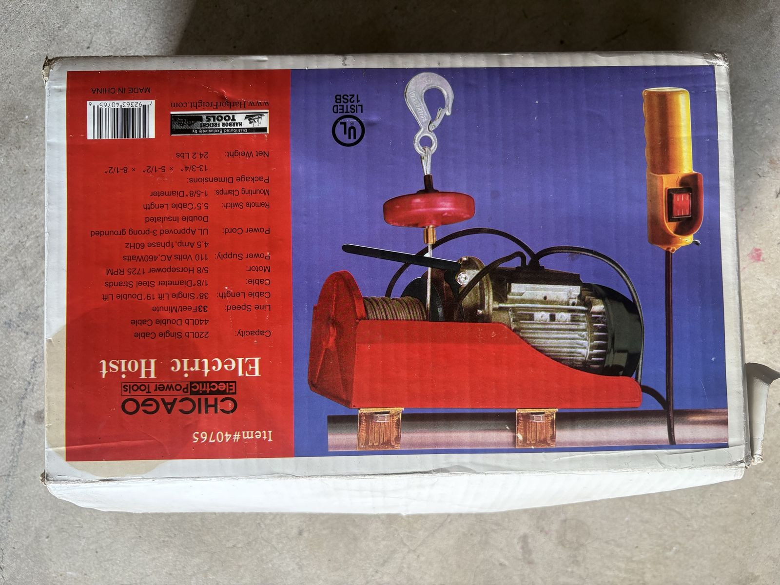Chicago Electric Power Tools 40765 Electric Hoist 440lb Capacity - New in Open Box