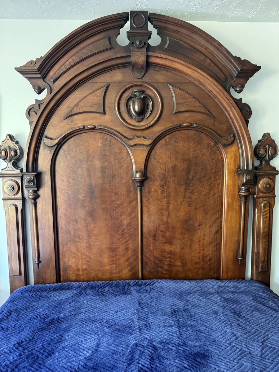 Antique Victorian Walnut Bedroom Set (1870) – Queen Bed, Marble Top Dresser w/ Mirror, Hand-Carved Vintage Furniture