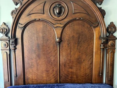 Antique Victorian Walnut Bedroom Set (1870) – Queen Bed, Marble Top Dresser w/ Mirror, Hand-Carved Vintage Furniture