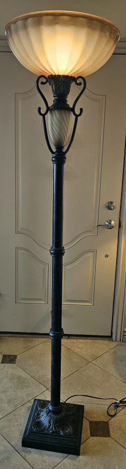 Traditional Torchiere Floor Lamp with Scalloped Frosted Glass Shade & Dark Metal Base 75" Tall  Glass Shade 18" Wide