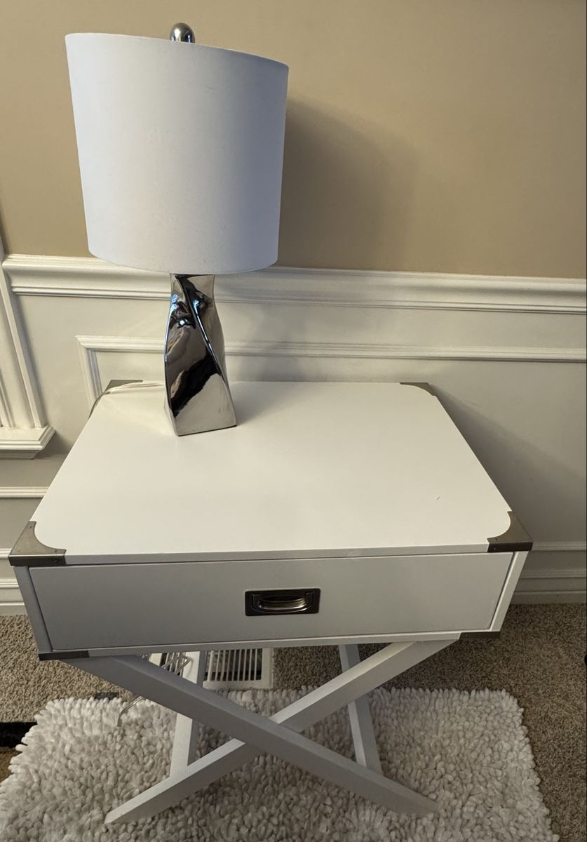 One drawer white modern side accent table/nightstand with lamp