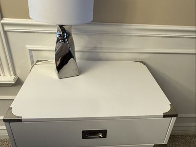 One drawer white modern side accent table/nightstand with lamp