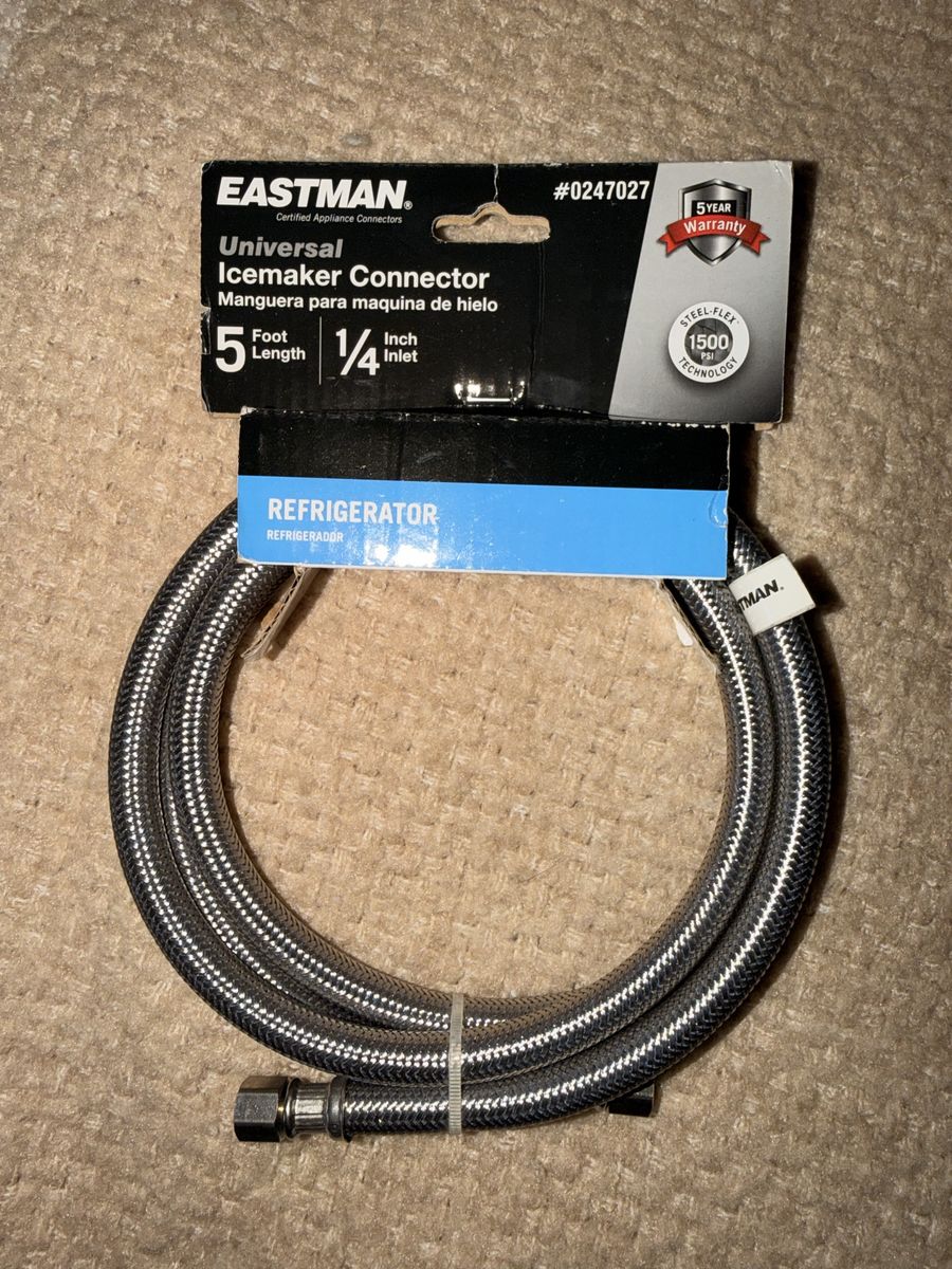 Eastman Universal Icemaker Connector Steel-Flex Hose 5 ft Length 1/4 Inch Inlet Refrigerator