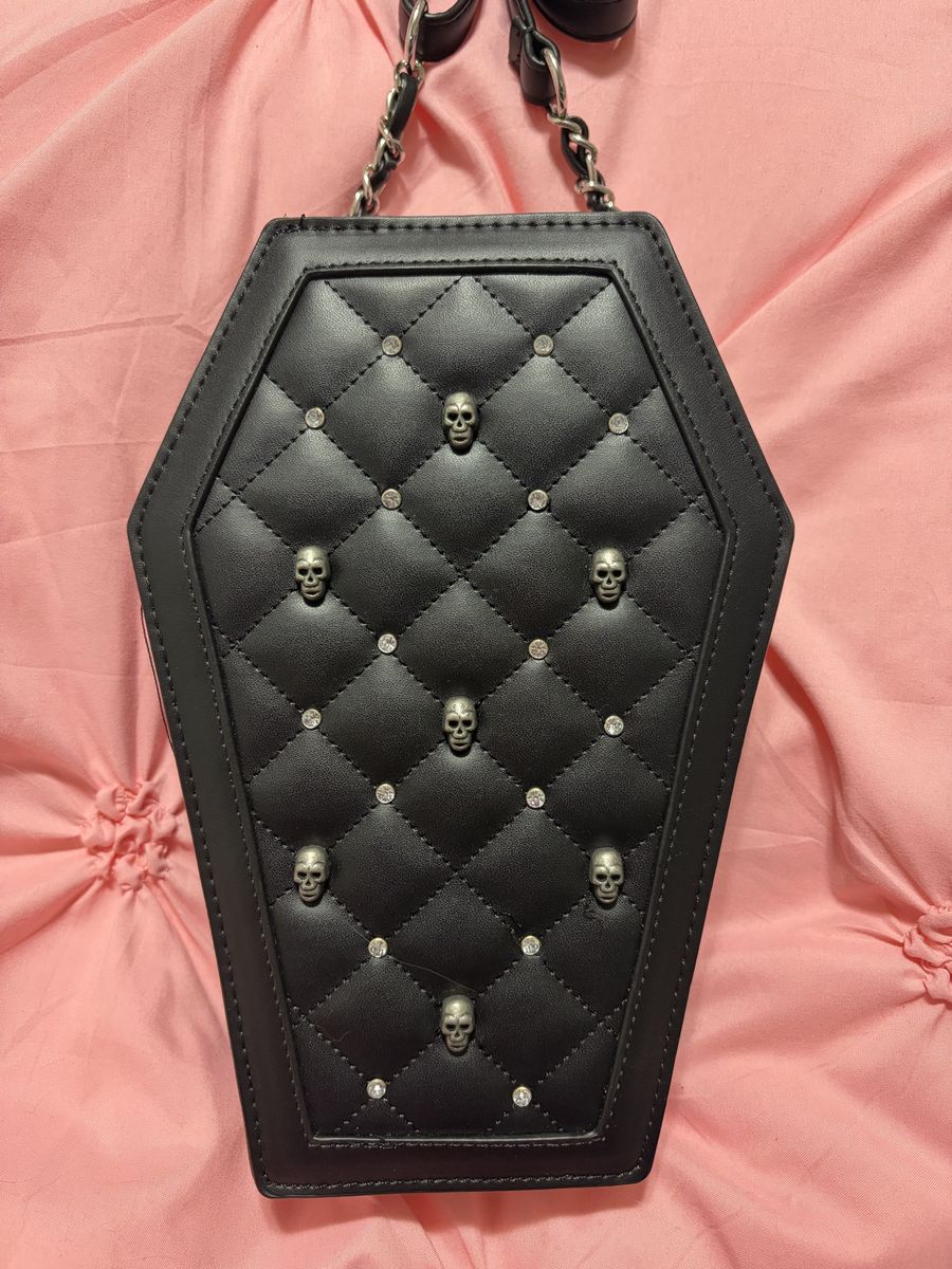 Gothic Coffin Crossbody Bag with Skull & Rhinestone Embellishments - Black Faux Leather