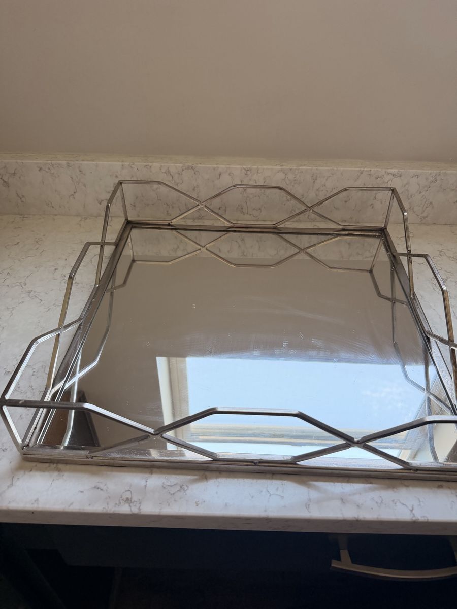 Mirrored Serving Tray, Decorative Vanity Tray, Modern Geometric Design, 17.5" x 11.5"