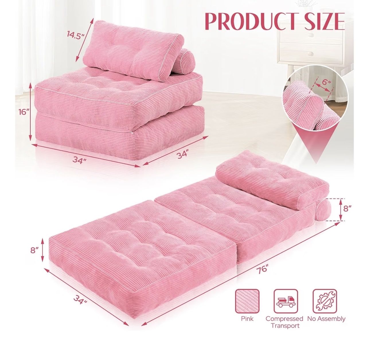 Habutway Pink 3-in-1 Folding Sofa Bed Corduroy Convertible Chair