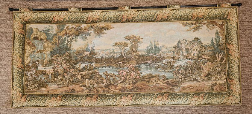 Vintage Aubusson-Style Woven Landscape Tapestry Wall Hanging – 7' x 3'