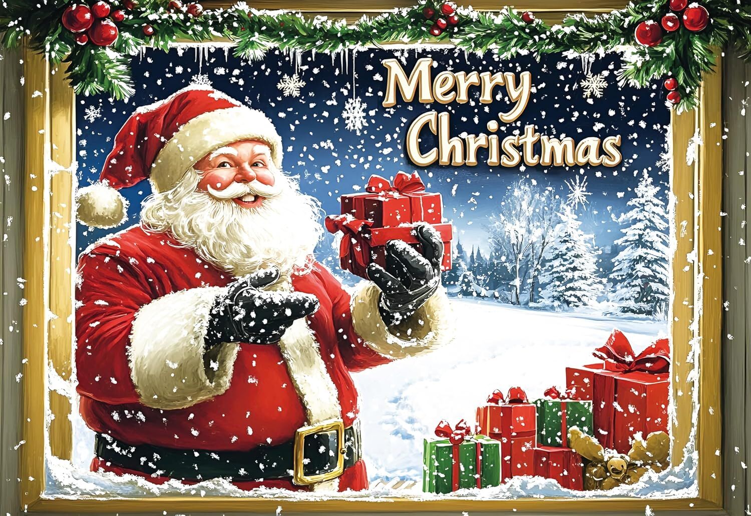 Merry Christmas 50"X35" Large Wall Sticker, 3D Fake Window Santa Claus Wall Decor