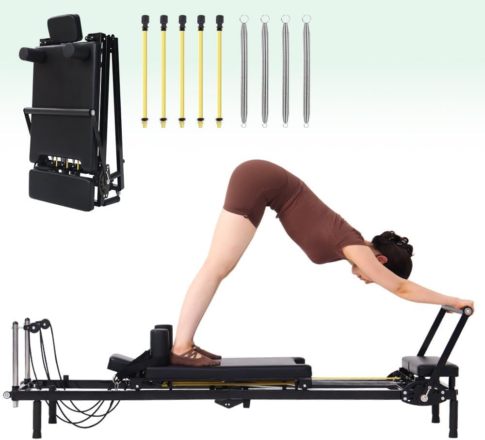 Foldable Pilates Reformer Machine, Dual Resistance with Springs and Cords