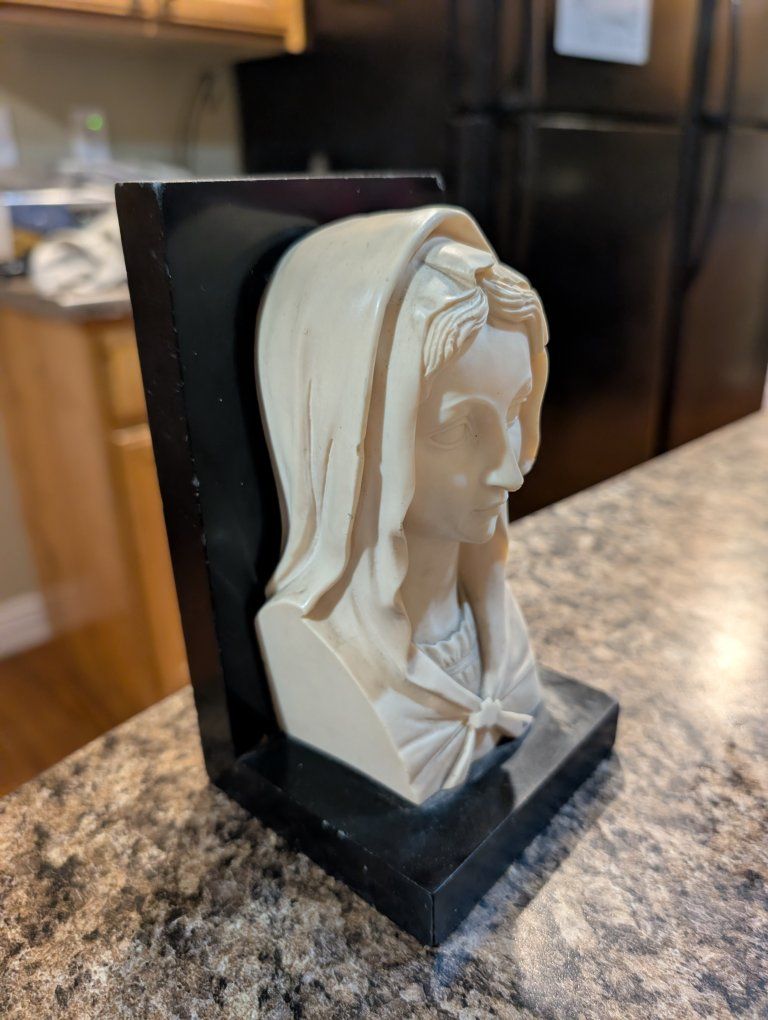 Vintage Virgin Mary Madonna Bust Sculpture, Off-White on Black Base, Religious Art Decor