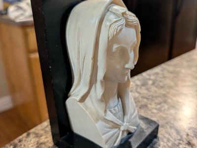 Vintage Virgin Mary Madonna Bust Sculpture, Off-White on Black Base, Religious Art Decor