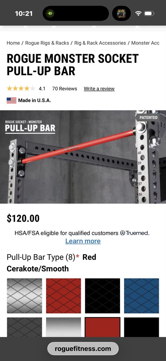 Pull up bar - Rogue Smooth Cerakote. Bar only
