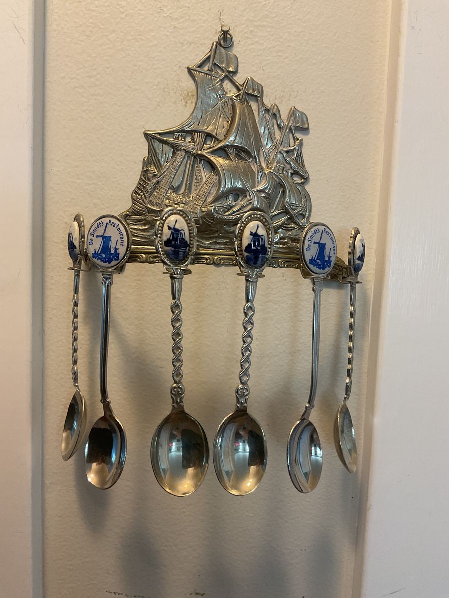 Vtg Ship Hanging Spoon HolderW/ Set Of 6 Spoons