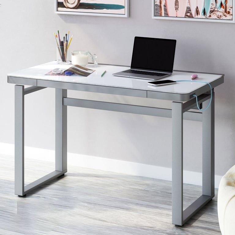 Modern White Glass Top Desk with Gray Metal Frame - RGB LED Lighting & Height Adjustable (29.3-47")