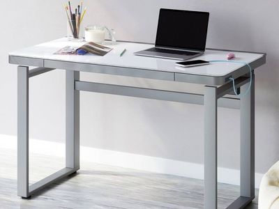 Modern White Glass Top Desk with Gray Metal Frame - RGB LED Lighting & Height Adjustable (29.3-47")