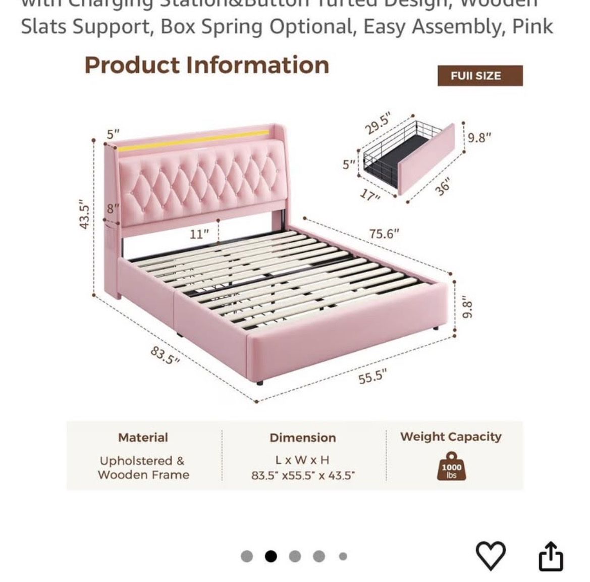 Upholstered Bed Frame Full Size Pink w/ Charging Station & Tufted Design, Wooden Slats Support