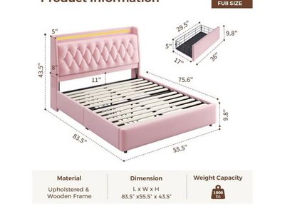 Upholstered Bed Frame Full Size Pink w/ Charging Station & Tufted Design, Wooden Slats Support