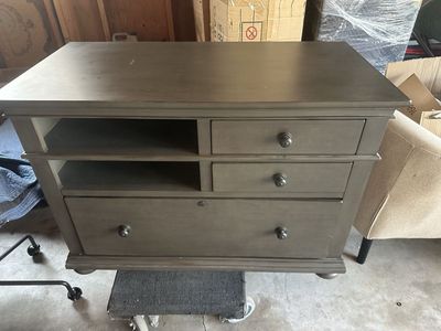 Aspenhome Gray Wood Executive Desk Credenza with Filing Drawer & Open Shelving