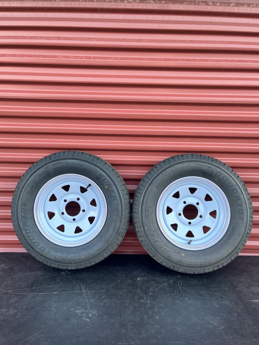 New Set of 2 Good Ride ST 185/80 R 13 Trailer Tires Mounted on New White Spoke Wheels 5 on 4.5