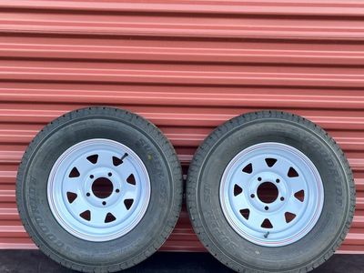 New Set of 2 Good Ride ST 185/80 R 13 Trailer Tires Mounted on New White Spoke Wheels 5 on 4.5