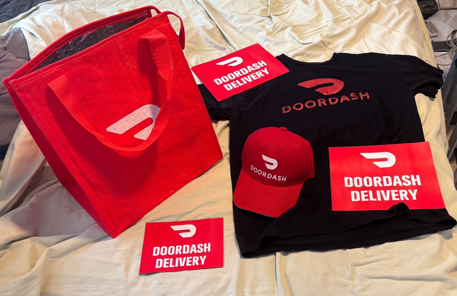 Door Dash Dasher Work Uniform Driver Delivery Accessory Items Shirt, Hat, Car Magnets, Insulated Bag NEW