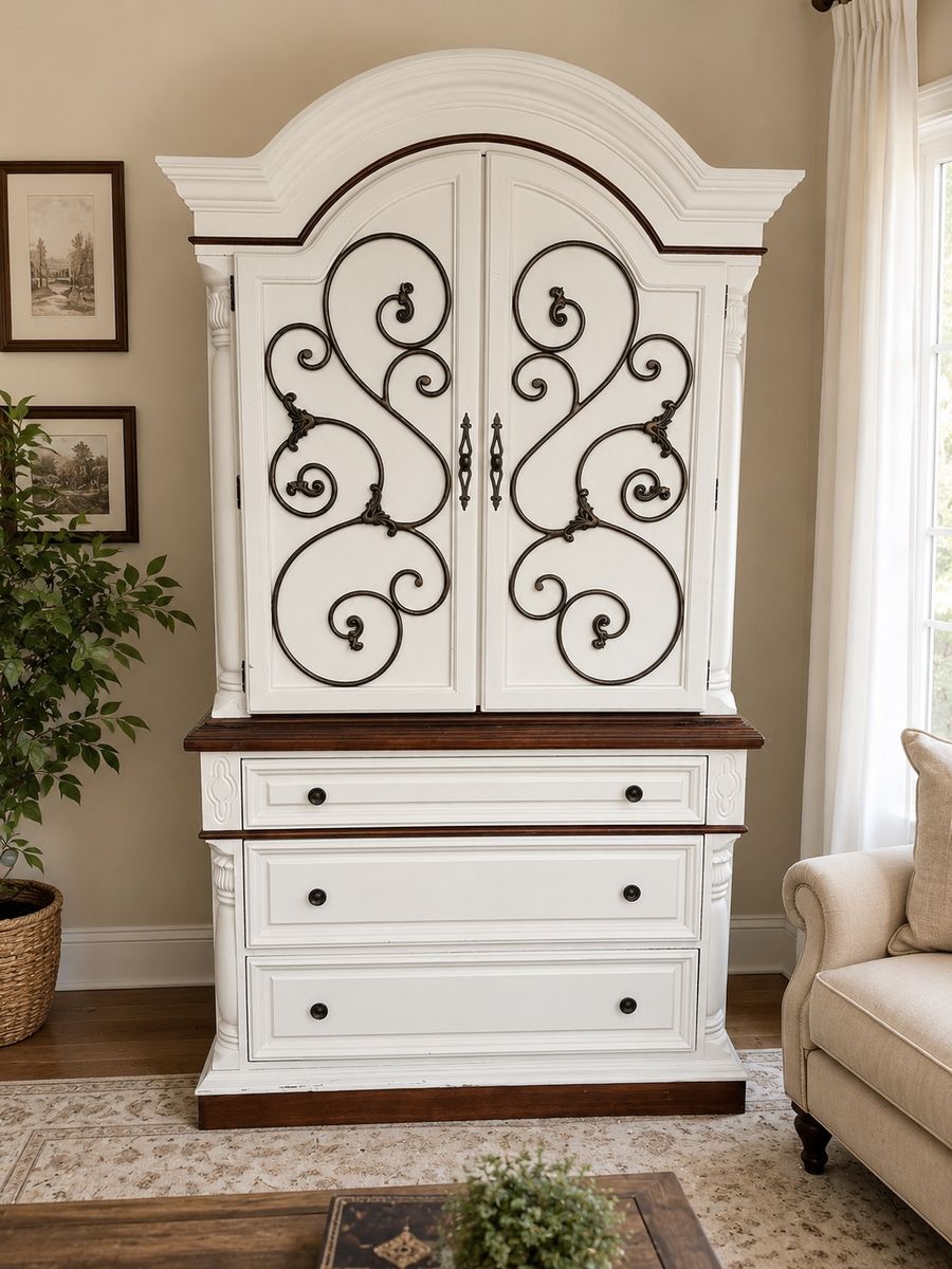 White Antique Style Wooden Armoire Cabinet with Metal Scrollwork Accent