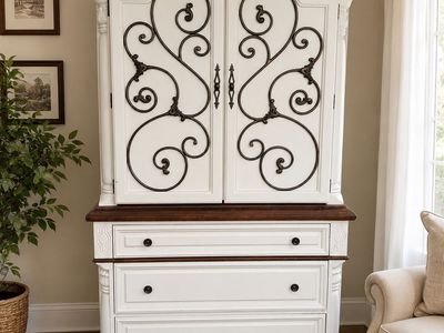 White Antique Style Wooden Armoire Cabinet with Metal Scrollwork Accent