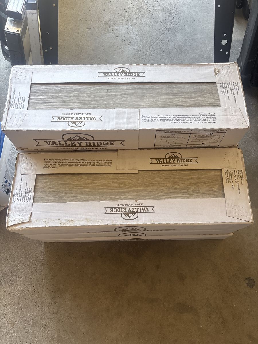 VALLEY RIDGE Ceramic Wood Look Tile - 7 Boxes, Gray Wood Grain, New Condition