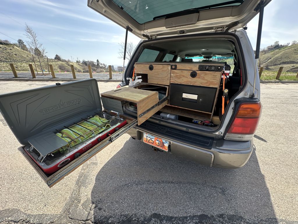 Custom Slide Out Vehicle Camp Kitchen w/ 12v Fridge. 