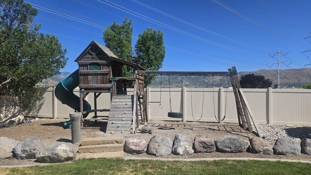 Free - Large Wooden Playset with Slide, Swings, Monkey Bars, and Climbing Wall - Backyard Fun
