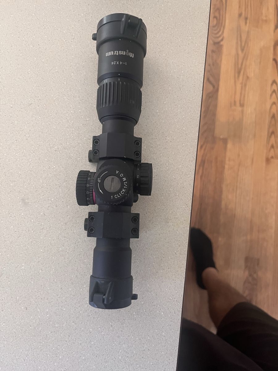 Monstrum 1-4x24 Scope with Mounts - Clear Optics, 1/2 MOA Adjustments