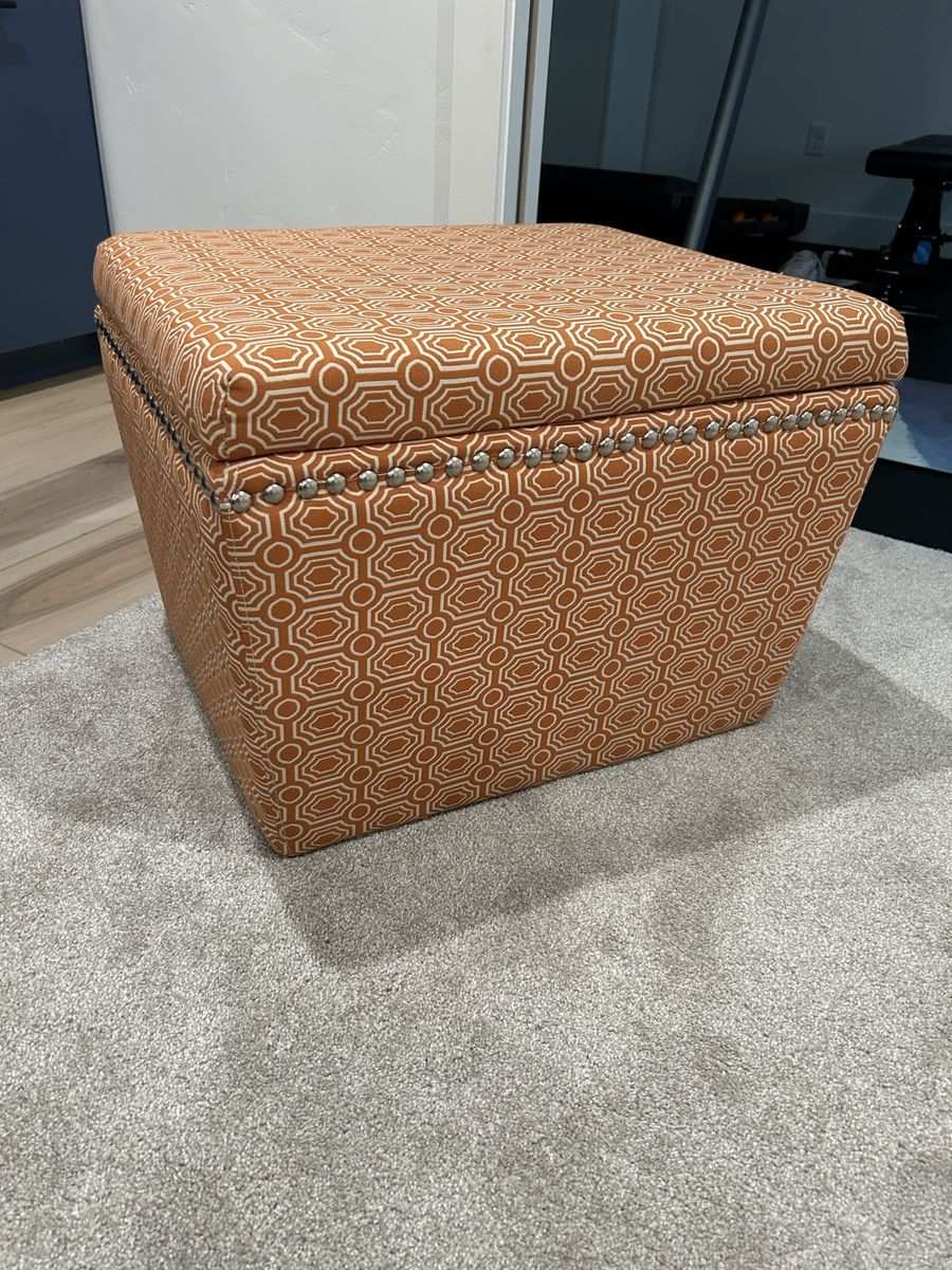 Orange Patterned Upholstered Storage Ottoman