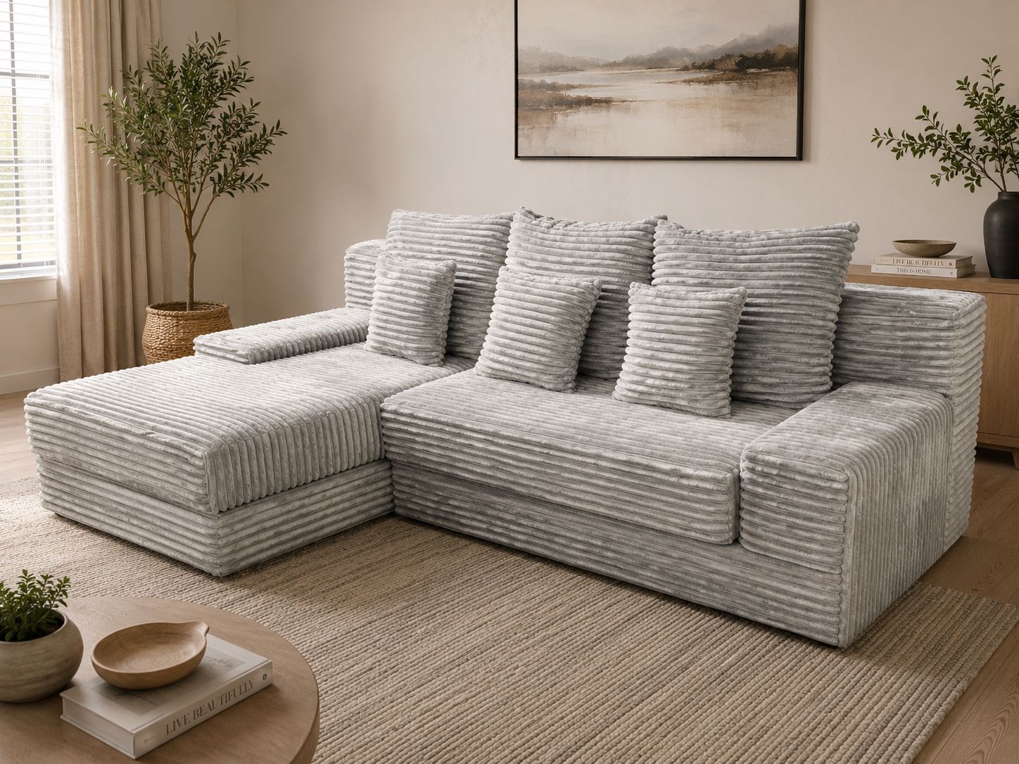 NEW Modern Gray Corduroy Sectional Sofa with Chaise and Accent Pillows