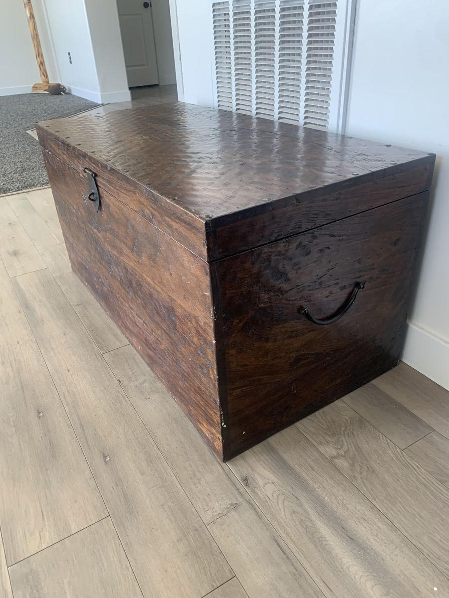 Vintage Dark Wood Storage Chest / Trunk with Handles & Latch
