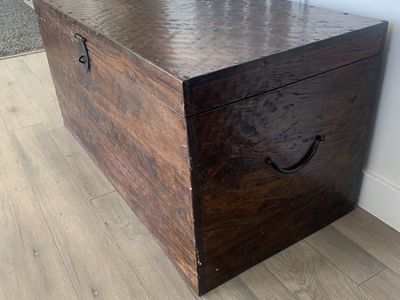 Vintage Dark Wood Storage Chest / Trunk with Handles & Latch