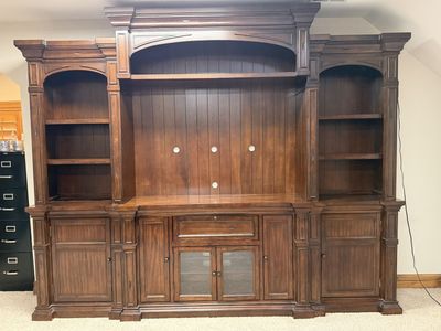 Large Dark Wood Entertainment Center Wall Unit with Shelving and Cabinets
