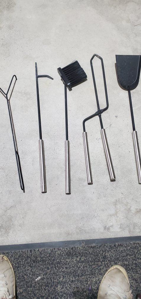 Fireplace Tool Set with Stainless Steel Handles - Poker, Tongs, Shovel, Brush & Hook