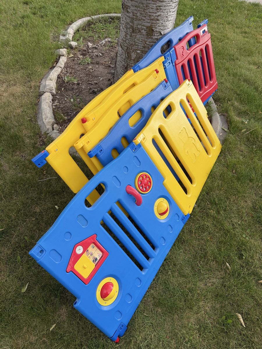 Colorful Kids' Playpen with Gate - Blue & Yellow Activity Panel