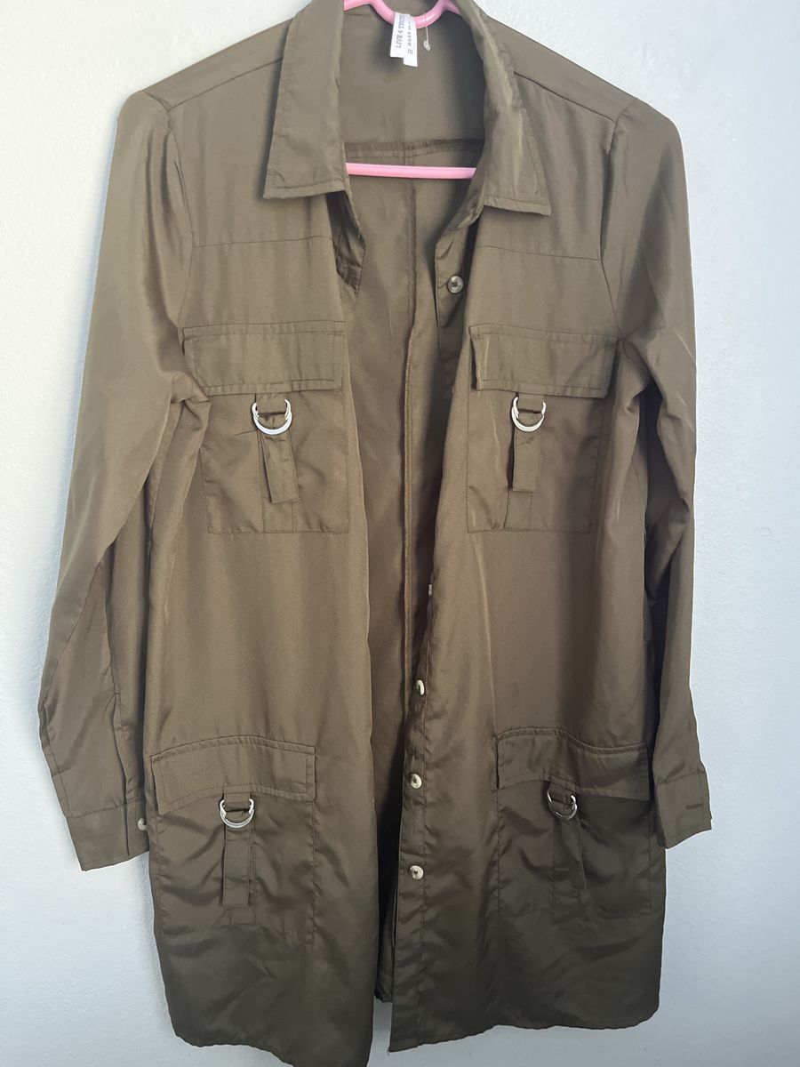 Love & Zousz Olive Green Utility Style Button-Up Silk Tunic Top - Size Medium